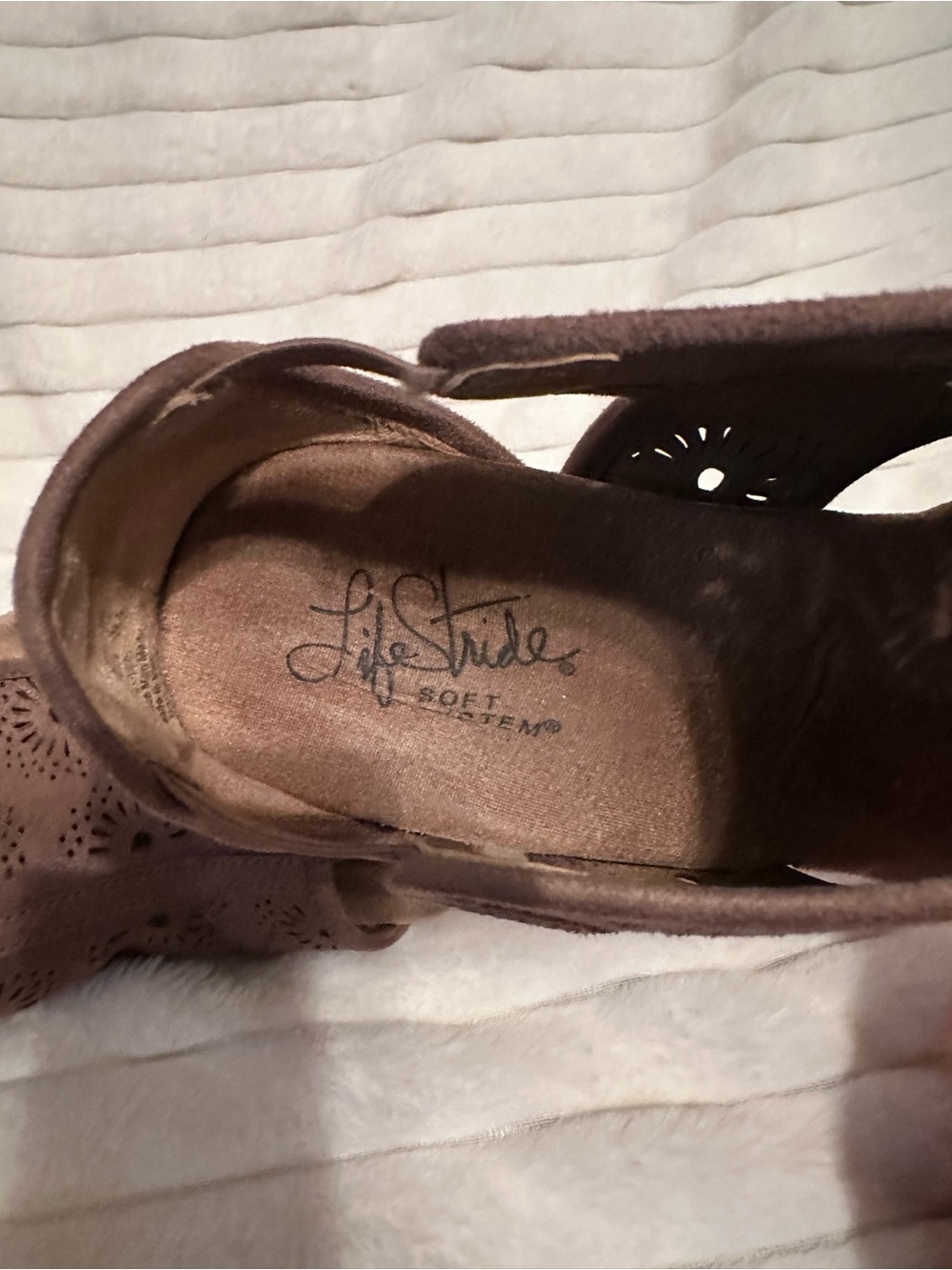 Life Stride Brown Laser-Cut Peep-Toe Cork Wedge Sandals - Picture 4 of 5